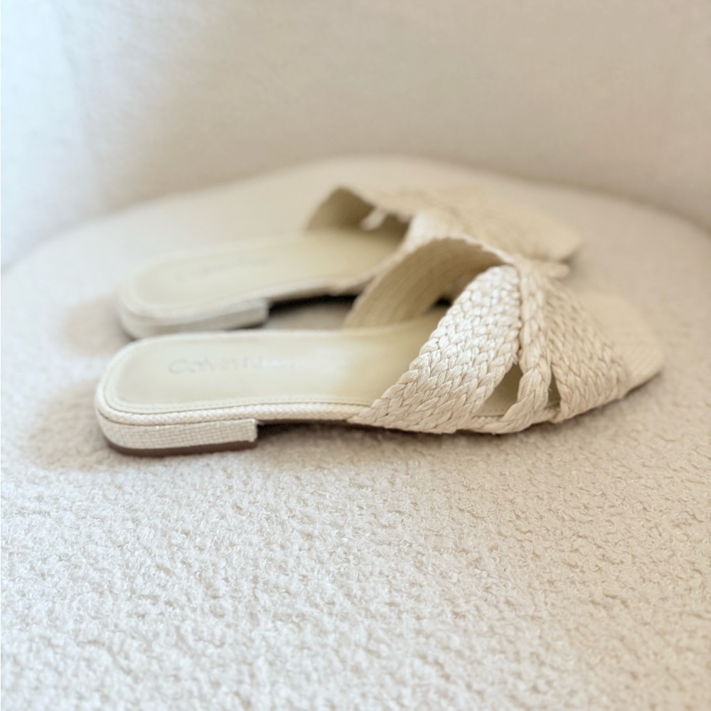 Calvin Klein Cream Woven Slide Sandals - Picture 3 of 4
